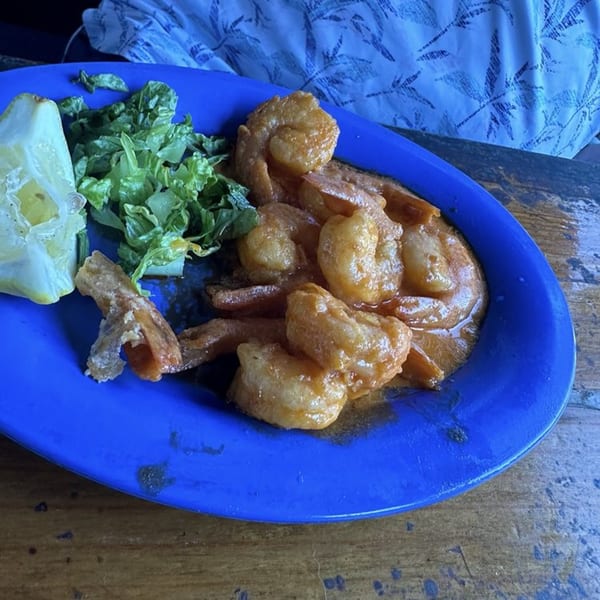 Graham's Landing shrimp dish with a side of lettuce and a lemon wedge on a blue plate.